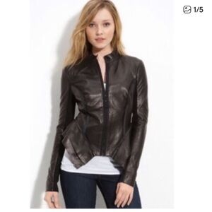 Hinge Nordstrom Soft Black Leather peplum hook eye closure Jacket M